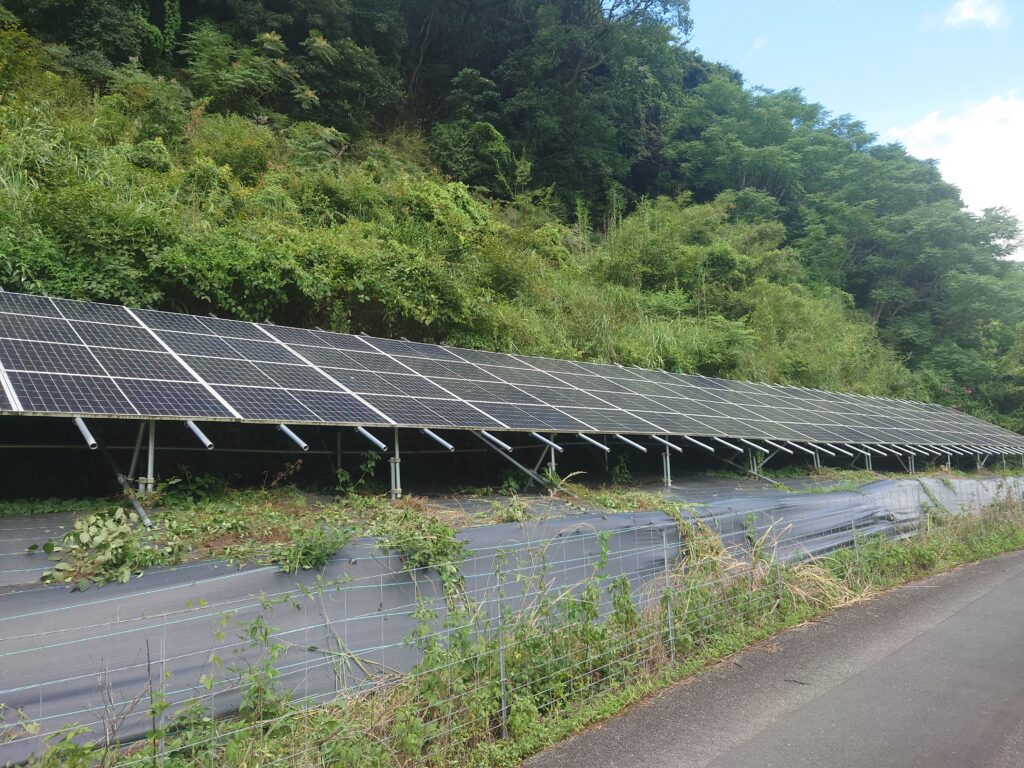 愛媛県|太陽光パネル清掃メンテナンス|株式会社アイエネ 宇和島市　野立て太陽光　草刈り